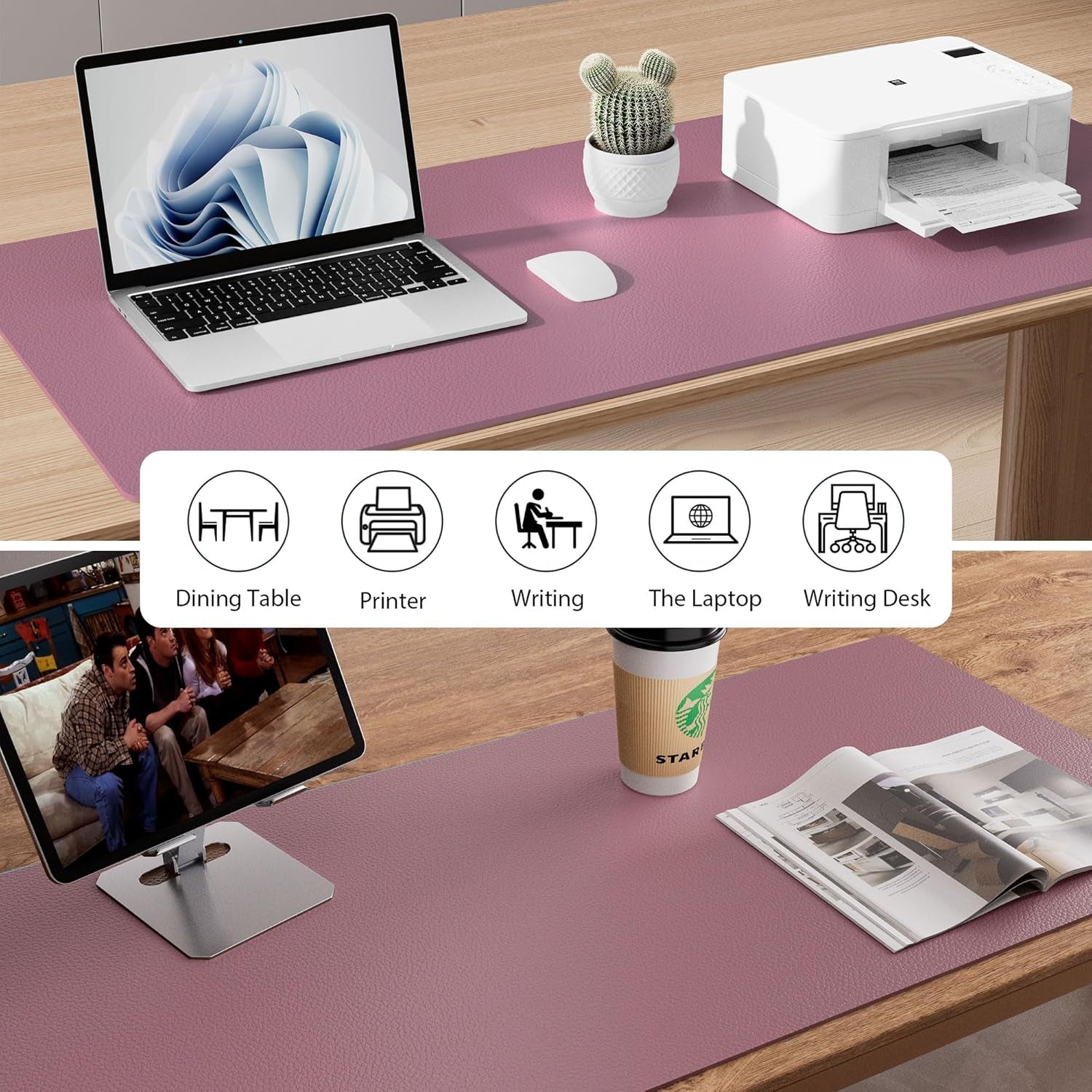 Leather Desk Pad Protector,Mouse Pad,Office Desk Mat,Non-Slip PU Leather Desk Blotter,Laptop Desk Pad,Waterproof Desk Writing Pad for Office and Home (Dark Pink,23.6" X 13.7")
